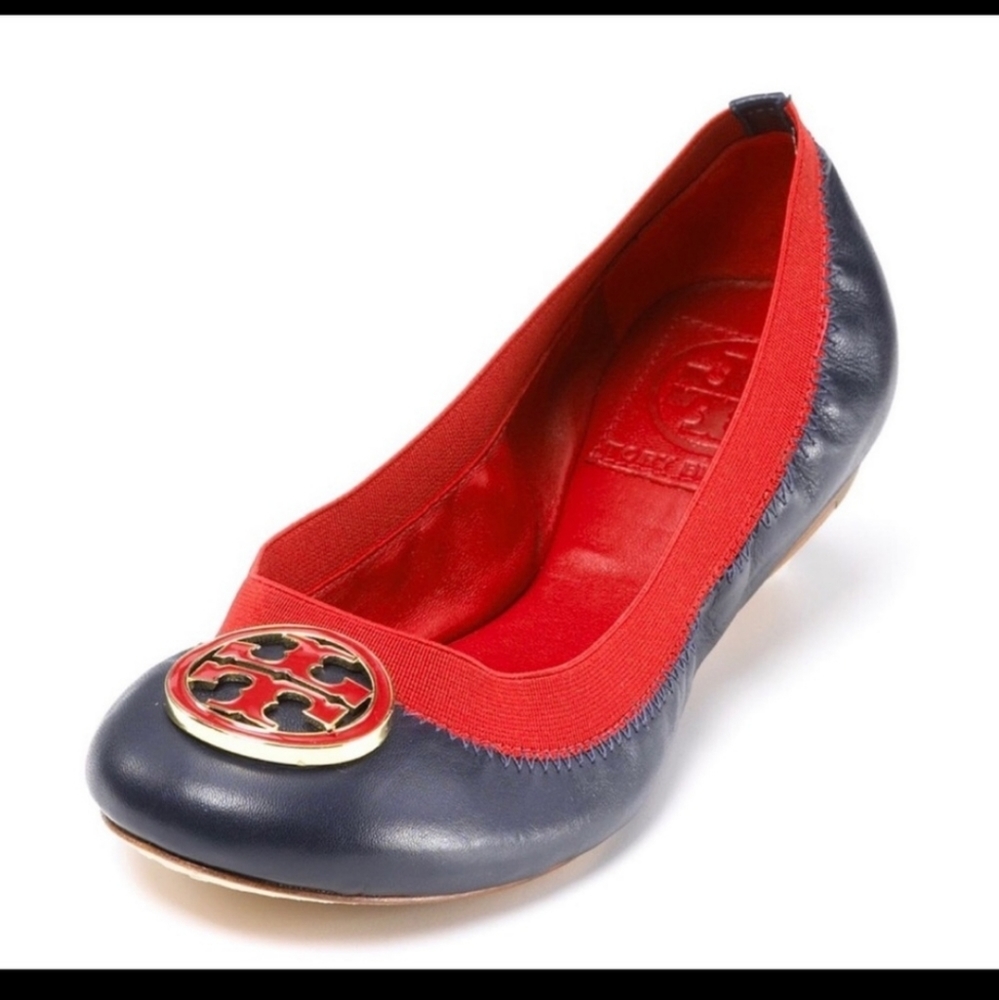 Tory Burch Red Blue Gold Caroline Elastic Logo Flats Sz 11